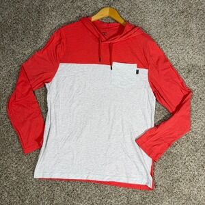 Hurley Mens Hooded T-Shirt Medium Red Gray Colorblock Long Sleeve Pocket Hoodie